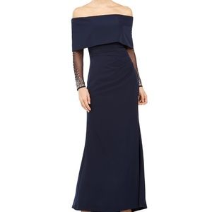 Vince Camuto Womens Sequined Off-The-Shoulder Evening Dress Navy 8